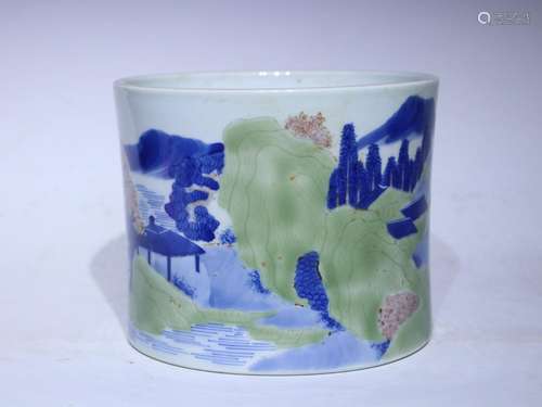 Under the glaze three-color landscape brush pot - 19 cm high...