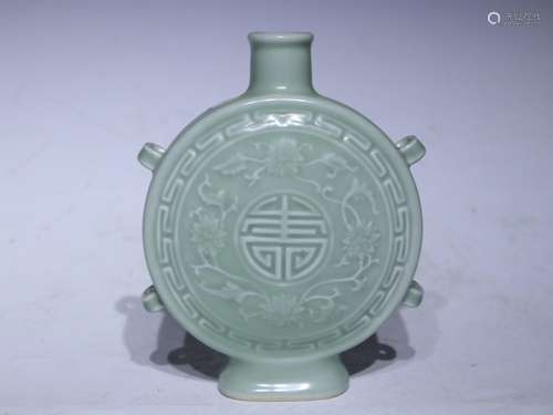 Pea green glaze carving work flat bottles - 19.8 cm long and...