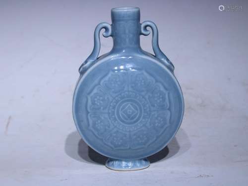 The azure glaze carving work flat bottles - 13 cm high 18.5 ...