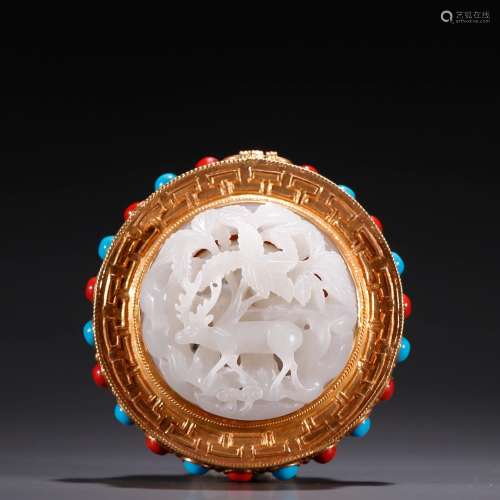 Deer, silver and gold inlaid with hetian jade hollow out the...
