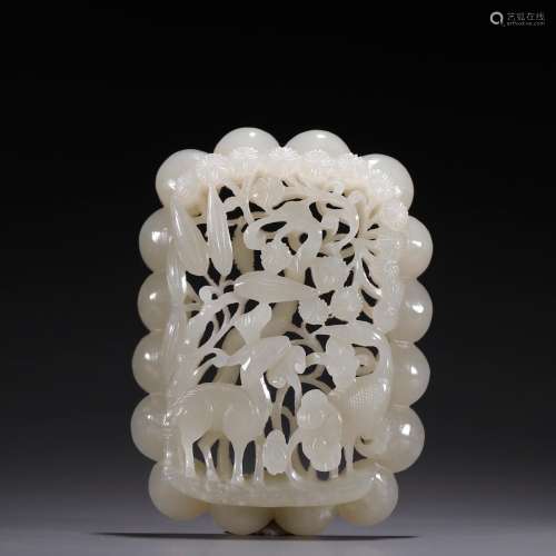 Old hetian jade, hollow out the crane deer with spring zone ...