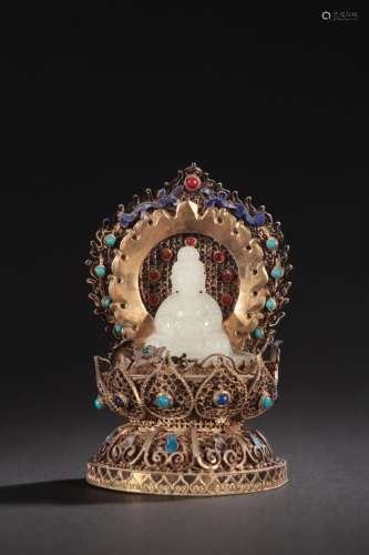 Silver and gold inlaid with hetian jade "Buddha had&quo...