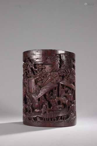 Brush pot -Xiang carved old bamboo landscape charactersSpeci...