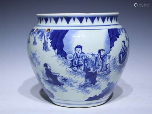 Chung chi zhen blue and white painting people jar - 17 cm hi...