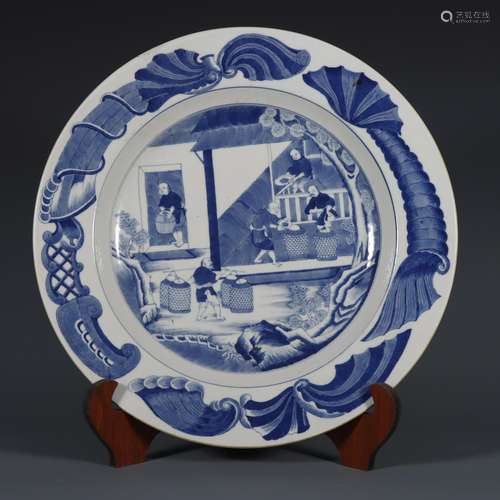 Blue and white farming figure fold along the plate.Size: 5 c...