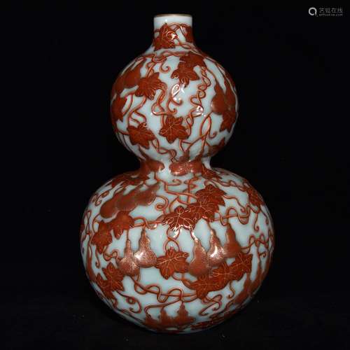 Green glaze anaglyph alum red paint gourd gourd, 33 x 20,