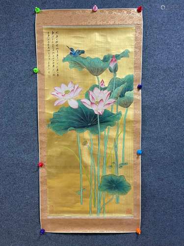 Chang, silk scroll painting of flowers and lenses, 58 cm 124...