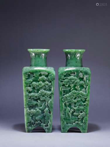 Hetian jade landscape character figure square bottle a pair,...