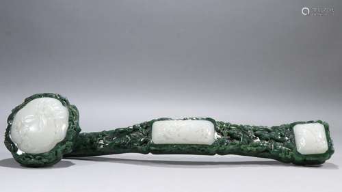 Hetian jade white jade inlaid sanduo ruyi furnishing article...