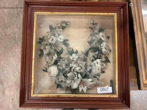 Framed Flower Wreath Made from Feathers