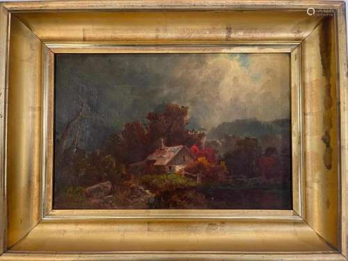 Young Oil on Canvas Painting of House in woods