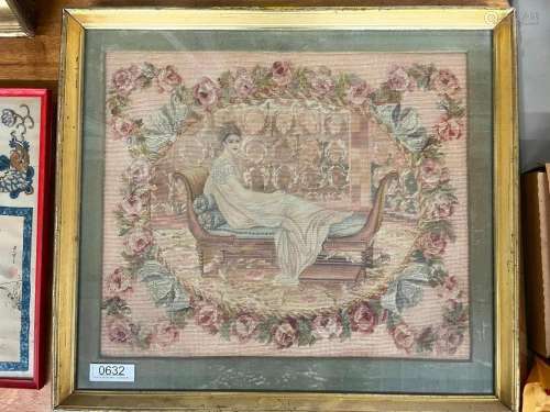 Antique French Needlepoint, Woman on Lounge