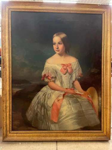 Mid 19th C Oil on Canvas Portrait of Young Woman