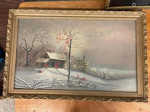 Folk Art Oil on Canvas Winter Scene Painting