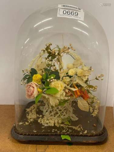 Glass Dome Over Basket of Flowers