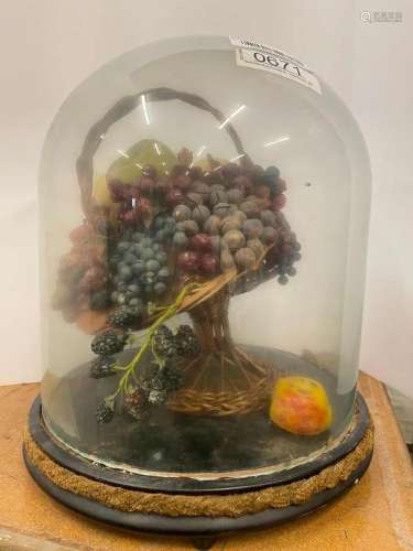 Glass Dome Over Basket of Wax Fruit
