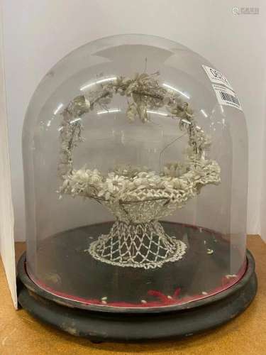 Glass Dome Over Basket of Flowers w/ shells