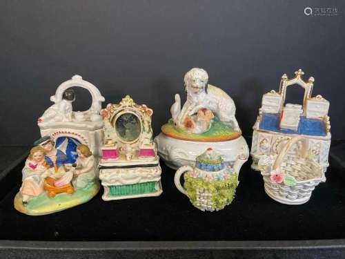 Staffordshire Covered Boxes, Teapot, etc