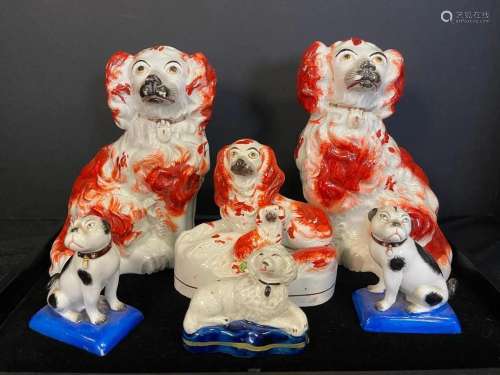 Staffordshire Dogs, 2 Pair, Covered Box, etc