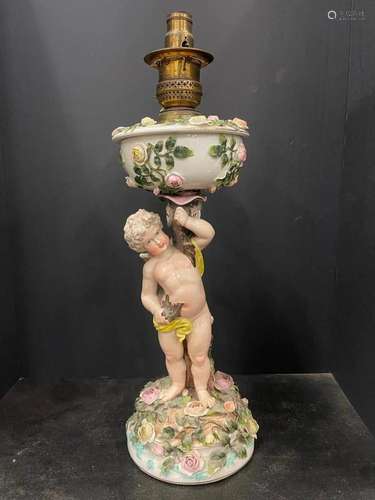 Porcelain Banquet Lamp w/ Cherub & Flowers