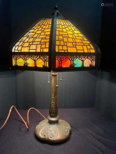 8 Panel Glass Lamp, Base is signed Handel