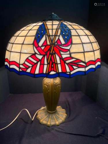 Rare Antique Leaded Glass Lamp w/ American Flag