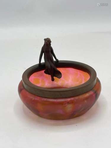 Bronze Female Figure Atop Art Glass Bowl