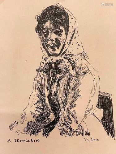 Pen & Ink Drawing Anders Zorn "A Skerrie Girl"