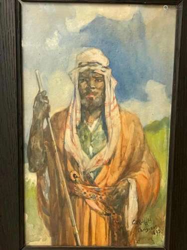 Watercolor of Arabic Warrior Signed C. Reiffel