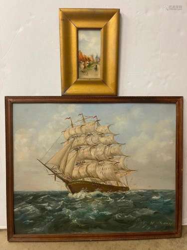 2pcs incl Oil on Board Painting of sailing ship signed