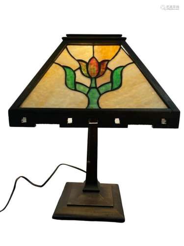 Arts & Crafts Oak Lamp w/ Stained Glass Panels