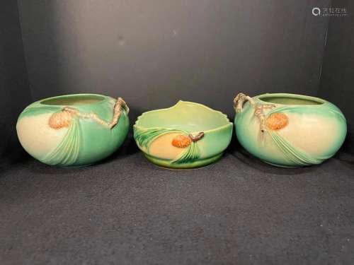 3 Roseville Art Pottery Pieces with Green, Pine cone