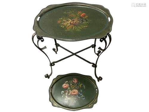 Hand Wrought Iron Table w/ Tole Tray Top