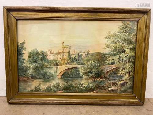 Signed Watercolor of Castle w/ Arched Bridge