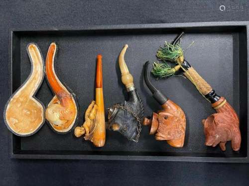 Group of 5 Pipes, Carved Wood and Meerschaum