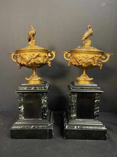 Pair Bronze Covered Urns w/ Bird Finials