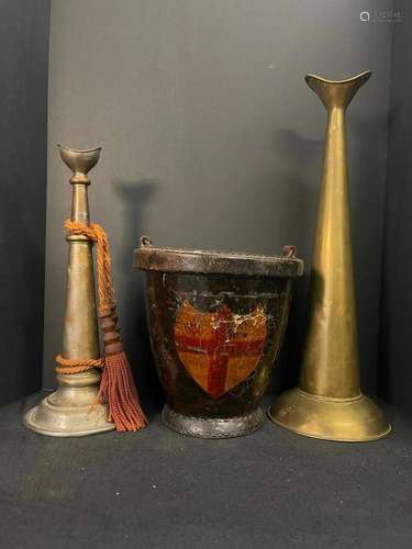 19th C. Fireman's Parade Horns & Leather Bucket