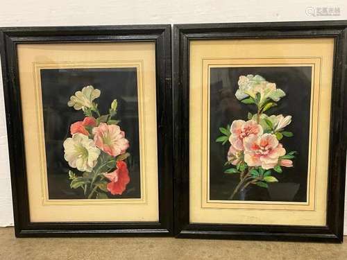 Pair of Floral Oil on Paper Paintings by Regina Acheson