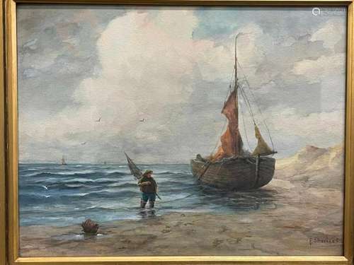 F. Stroobant Watercolor of Fisherman