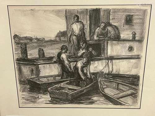 George Renouard Litho "Activity by the Dock"