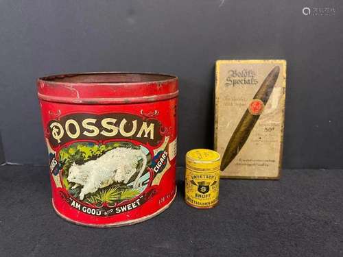 Boldt's Specials Cigar Tin, Possum Cigar Can etc