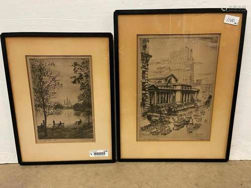 2 NYC Engravings incl Public Library & Central Park