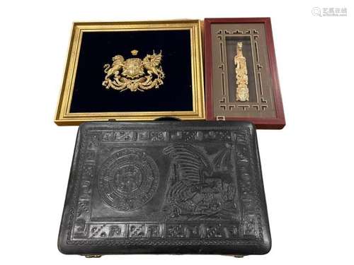 English Crest in frame, Asian carving, etc