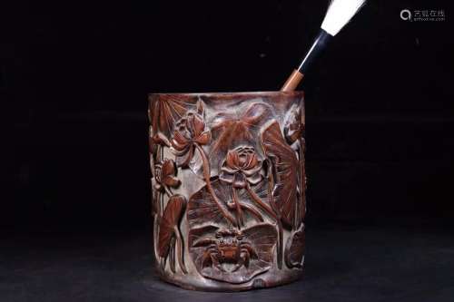Old bamboo brush pot "even families, all the way"C...