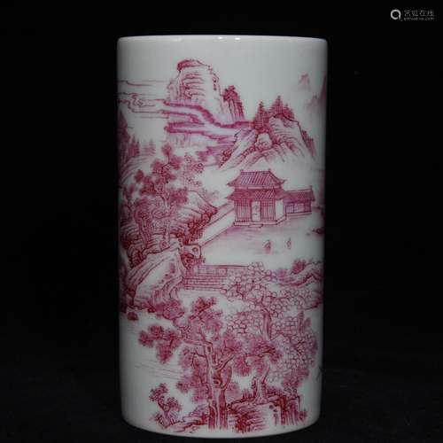 Carmine color landscape pattern brush pot, 13.2 7 diameter,