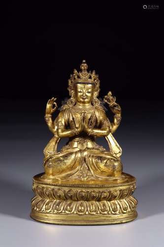 Four arm guanyin cave: copper and goldSize: length 15 cm wid...