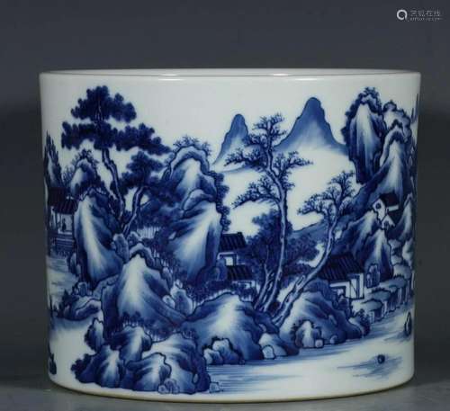 Qing Dynasty, blue and white landscape figure pen holder