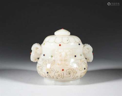 In ancient China, Hotan jade jar with silver inlaid with gem...