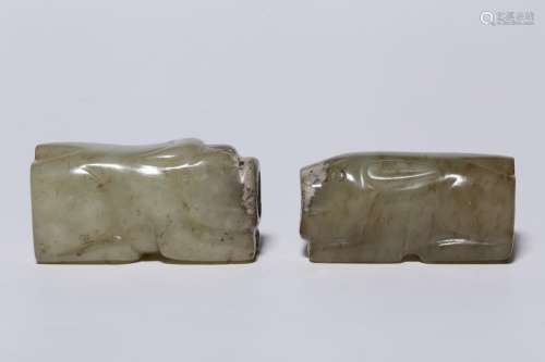 Jade cong: hetian jade pig type a pair109.3 gBig;Long and 5....