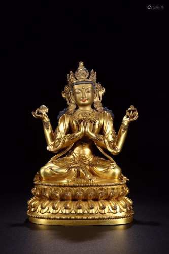Four arm guanyin cave: copper and gold32 cm long and 20.5 cm...